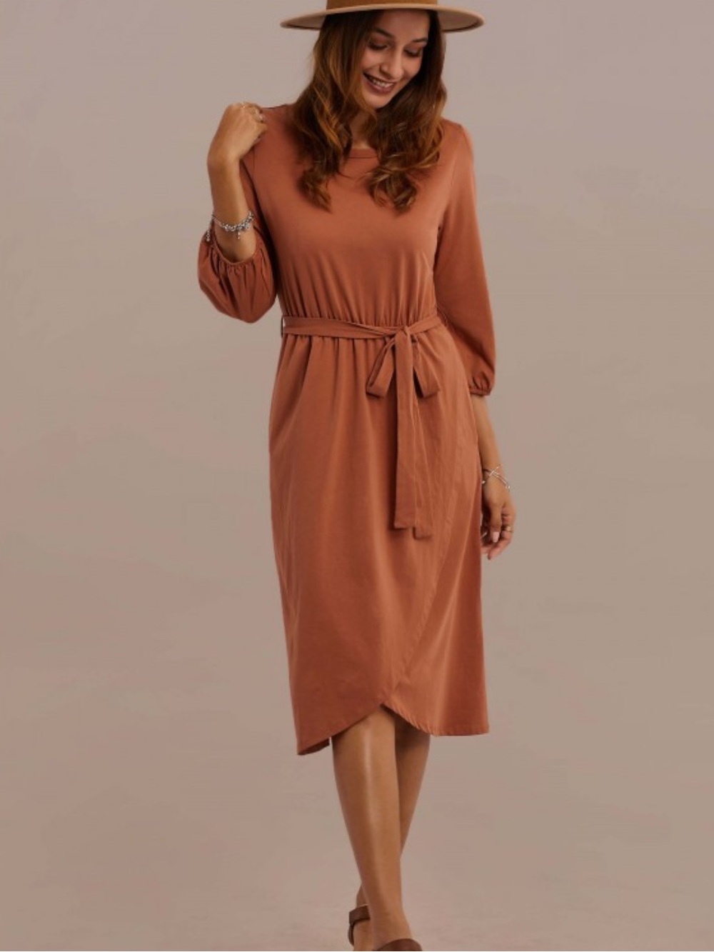 Roolee Rust Brown Wrap Midi Dress – 3/4 Sleeve